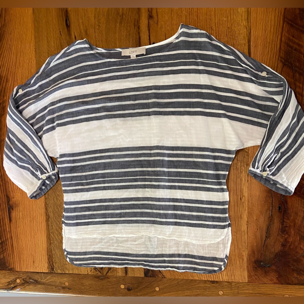 Loft 100% Cotton Blue and White Striped Top with Roll Tab Sleeves, Size XS